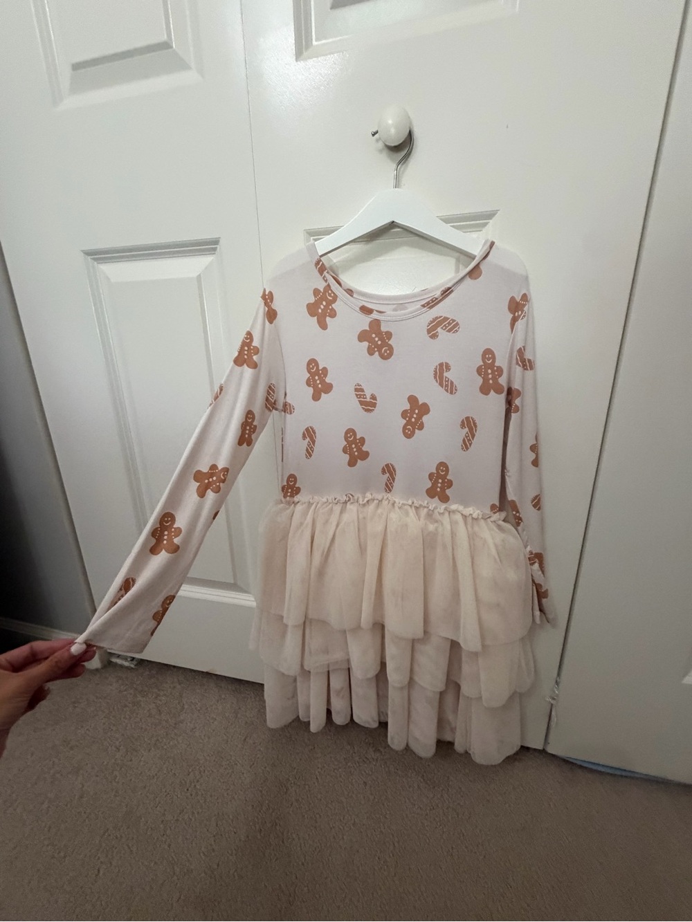 Girls Cream Gingerbread Print Tulle Tiered Dress